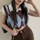 Short-sleeve Collared T-shirt / Argyle Cropped Sweater Vest