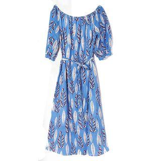 Leaf Print Off-shoulder Sundress With Sash