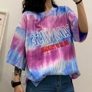 Elbow-sleeve Lettering Tie Dye T-shirt