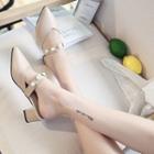 Faux Pearl Pointed Chunky Heel Slide Sandals