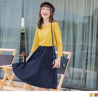 Two Tone Long Sleeve Elastic Waist Dress