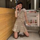 Short-sleeve Polo Shirt / Plaid Camisole Top / A-line Skirt