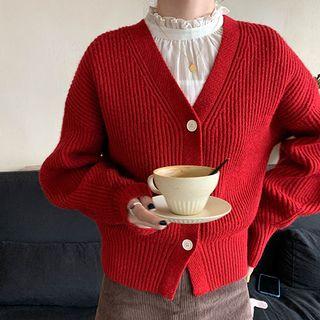 Mock-turtleneck Shirred Blouse / V-neck Ripped Cropped Cardigan
