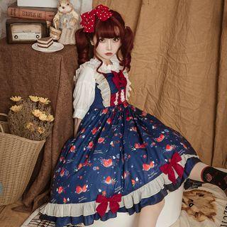 Puff-sleeve Blouse / Print Ruffled A-line Dress / Set