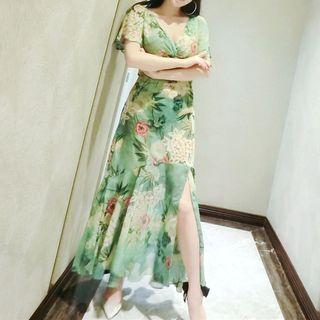 Printed Short-sleeve Maxi A-line Dress