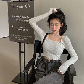 Long-sleeve Scoop-neck Cropped Pointelle Knit Top
