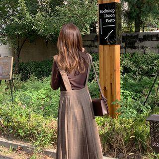 Accordion-pleat Plaid Midi Suspender Skirt Brown - One Size
