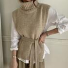 Turtleneck Knit Vest & Sash Beige - One Size