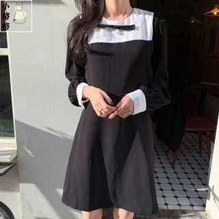 Collared Faux Pearl Long-sleeve A-line Dress