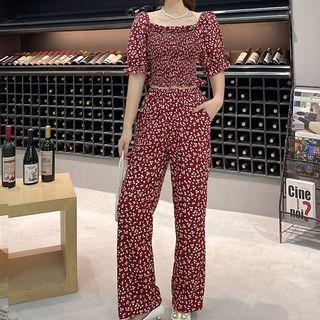 Set: Short-sleeve Floral Crop Top + Wide Leg Pants