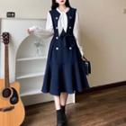 Long-sleeve Double-breasted A-line Midi Dress