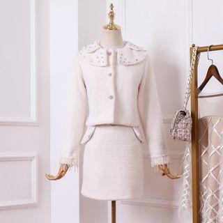 Set: Rhinestone Single-breasted Jacket + A-line Mini Skirt