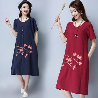Embroidered Short-sleeve Linen A-line Dress