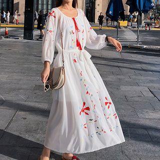 Long-sleeve Embroidered Maxi Chiffon Dress