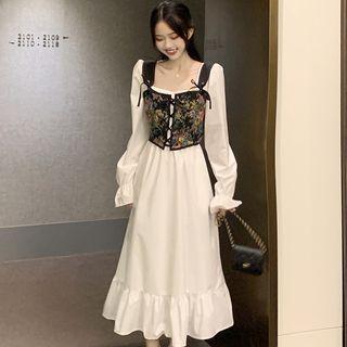 Flared-cuff Square Neck Ruffle Hem Midi Dress / Floral Lace-up Vest