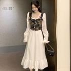 Flared-cuff Square Neck Ruffle Hem Midi Dress / Floral Lace-up Vest