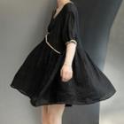 Short Sleeve Contrast Trim Oversized Dress Black - One Size