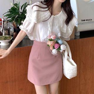 Short-sleeve Wide Collar Frill Trim Blouse / Mini Pencil Skirt