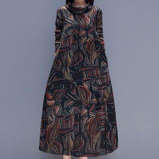 Funnel Neck Printed Long-sleeve Midi A-line Dress