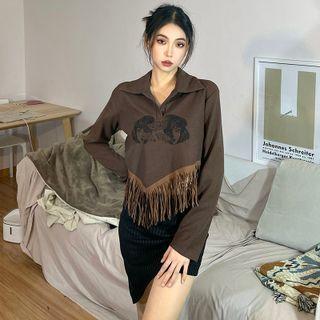 Print Fringed Cropped Polo Shirt