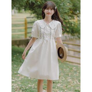 Short-sleeve Collar Embroidered A-line Dress