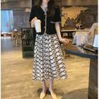 Short-sleeve Button-up Top / Floral Midi A-line Skirt / Set
