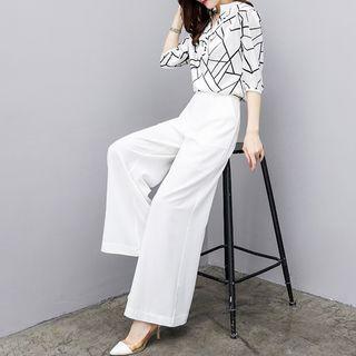 Set: Elbow-sleeve Printed Chiffon Top + Wide-leg Pants