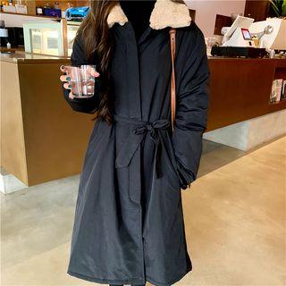 Furry-trim Drawstring Waist Long Coat Black - One Size