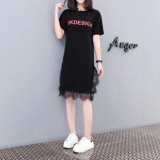 Lettering Short-sleeve Lace Trim T-shirt Dress