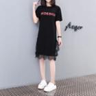Lettering Short-sleeve Lace Trim T-shirt Dress