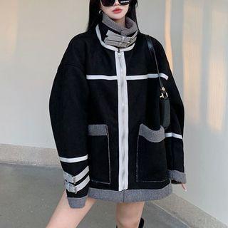 Fleece-panel Faux-suede Loose Coat
