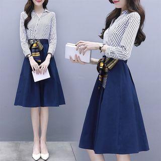 Set: Pinstriped Shirt + Midi A-line Skirt