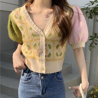 Short-sleeve Floral Cardigan Floral - Off-white - One Size
