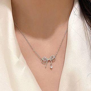 Bow Rhinestone Pendant Alloy Necklace 1 Pc - Silver - One Size