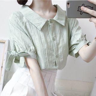 Bow Short-sleeve Shirt Blue - One Size