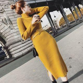Turtleneck Long-sleeve Side-slit Midi Knit Dress