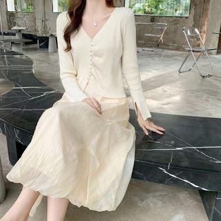 V-neck Knit Cardigan / Mesh A-line Skirt