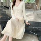 V-neck Knit Cardigan / Mesh A-line Skirt