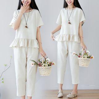 Set : Plain Round-neck Short-sleeve Ruffle Top + Capri Pants