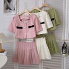Set: Short-sleeve Button-up Cropped Jacket + Mini Pleated Skirt