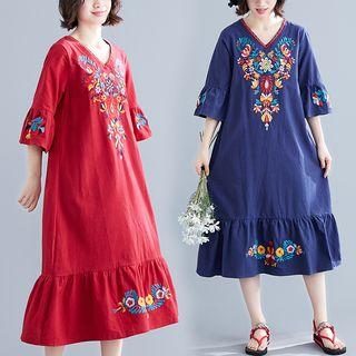 Floral Embroidered Elbow-sleeve Midi A-line Dress