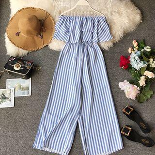 Off-shoulder Striped Jumper Pants