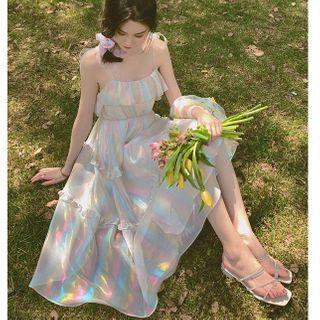 Ruffle Trim Short-sleeve Blouse / Spaghetti Strap Midi A-line Dress