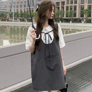 Elbow-sleeve Peter Pan-collar Plain Shirt / Tie-strap Mini Overall Dress