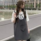 Elbow-sleeve Peter Pan-collar Plain Shirt / Tie-strap Mini Overall Dress