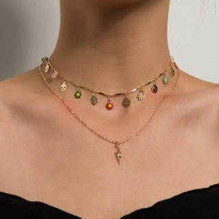 Lightning Skull & Flower Pendant Layered Necklace