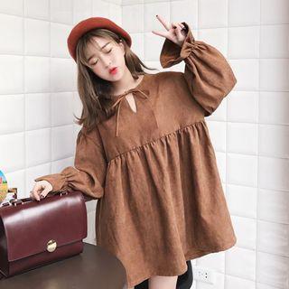 Long-sleeve Bow-tied Shirred Dress