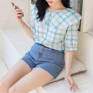 Drawcord-front Frill-collar Check Blouse