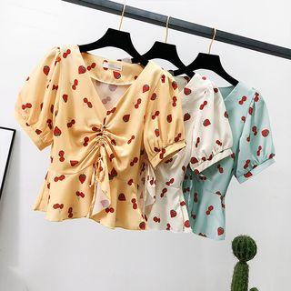 Strawberry-embroidered Drawstring Chiffon Top
