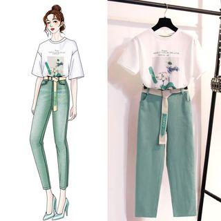 Set: Short-sleeve Flower Print T-shirt + Slim Fit Pants
